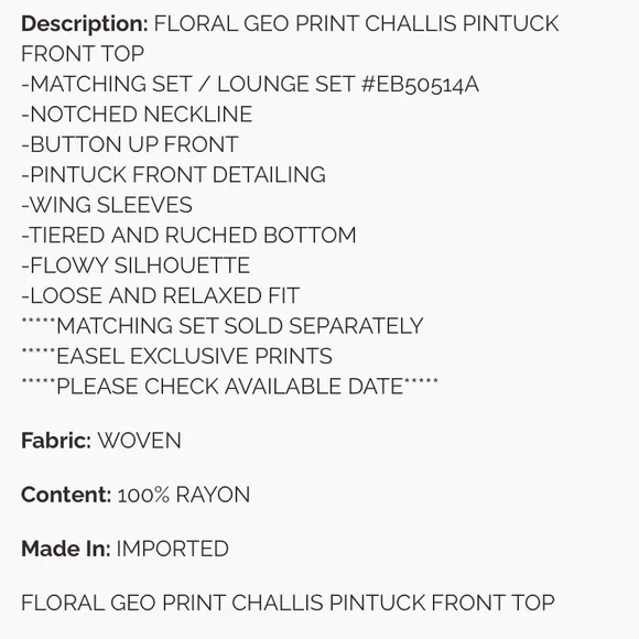 823 ❤️ EASEL FLORAL GEO PRINT CHALLIS PINTUCK FRONT TOP - Picture 4 of 4